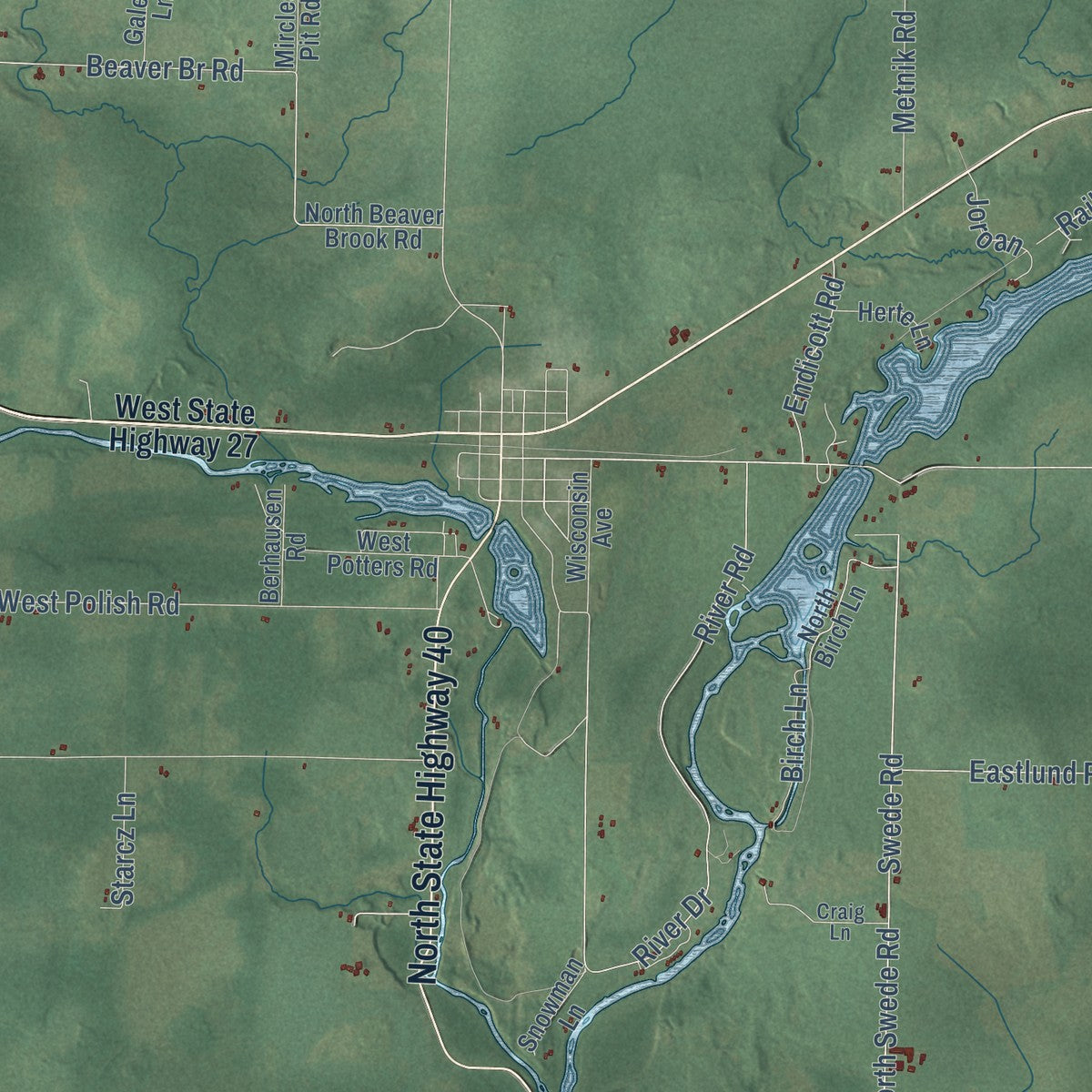 Second close-up of the map of the Town of Radisson, Wisconsin print showing more streets and buildings