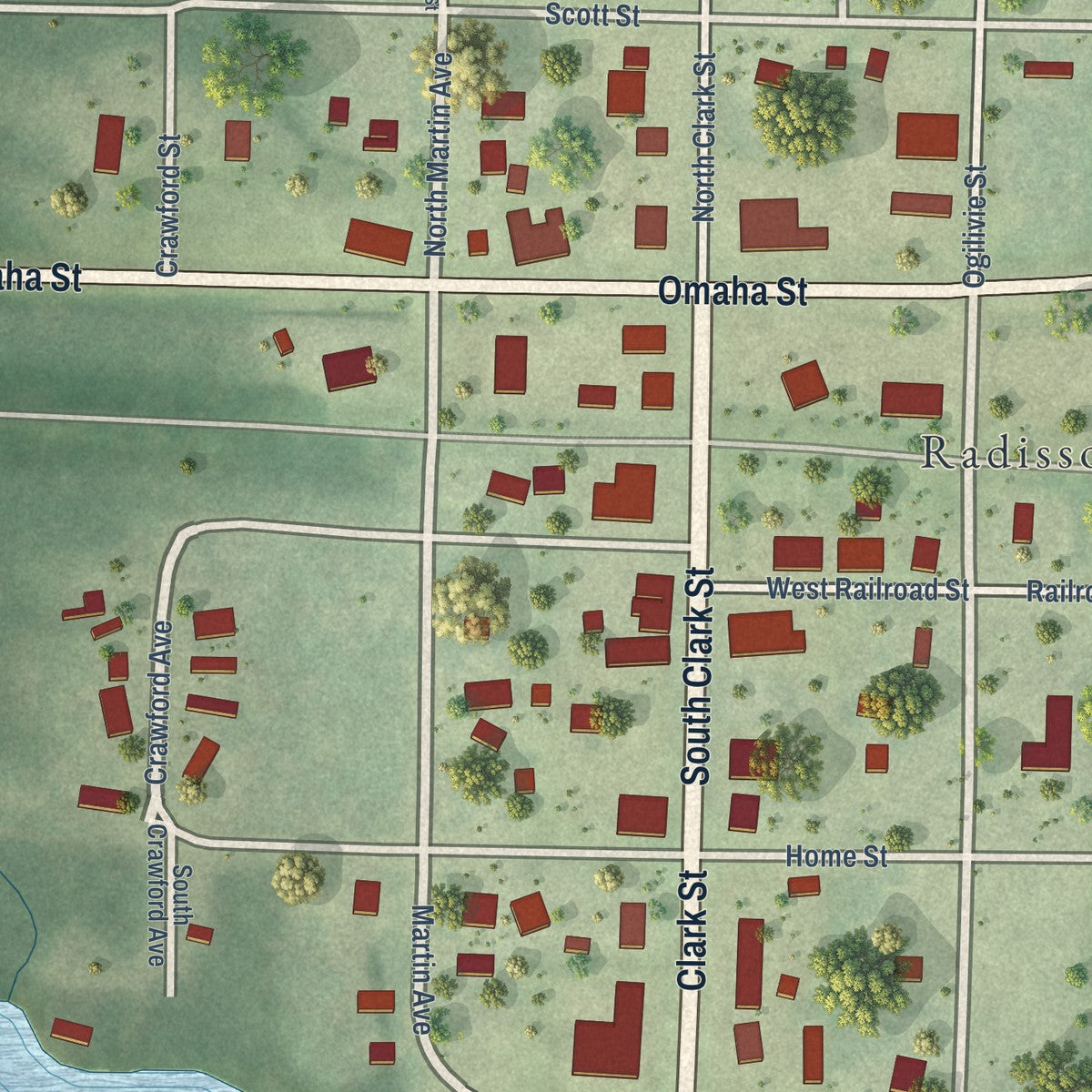 Close-up of the map of Radisson, Wisconsin print showing street and building detail