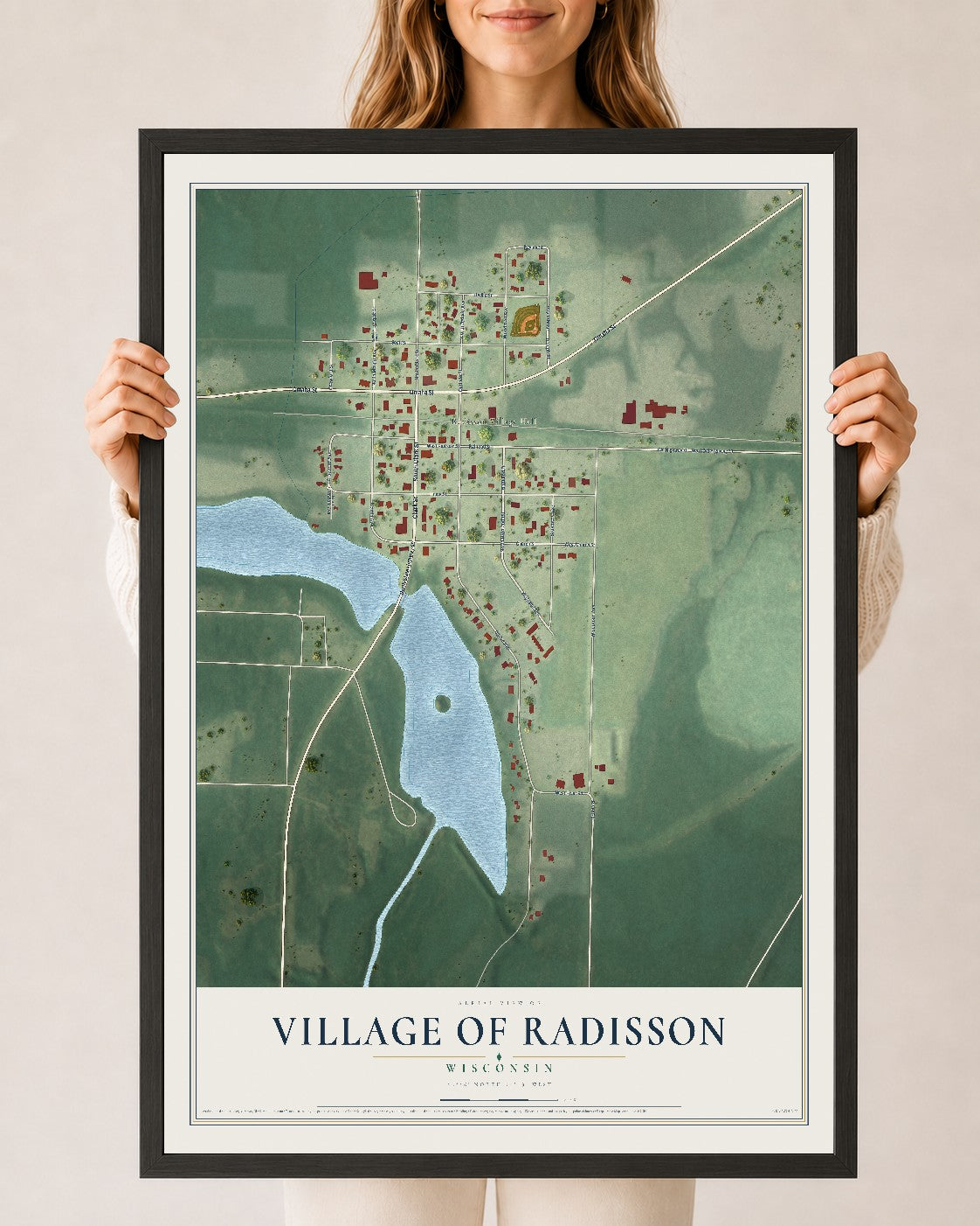 Map of Radisson, Wisconsin, 24 x 36 inch print in a black wood frame