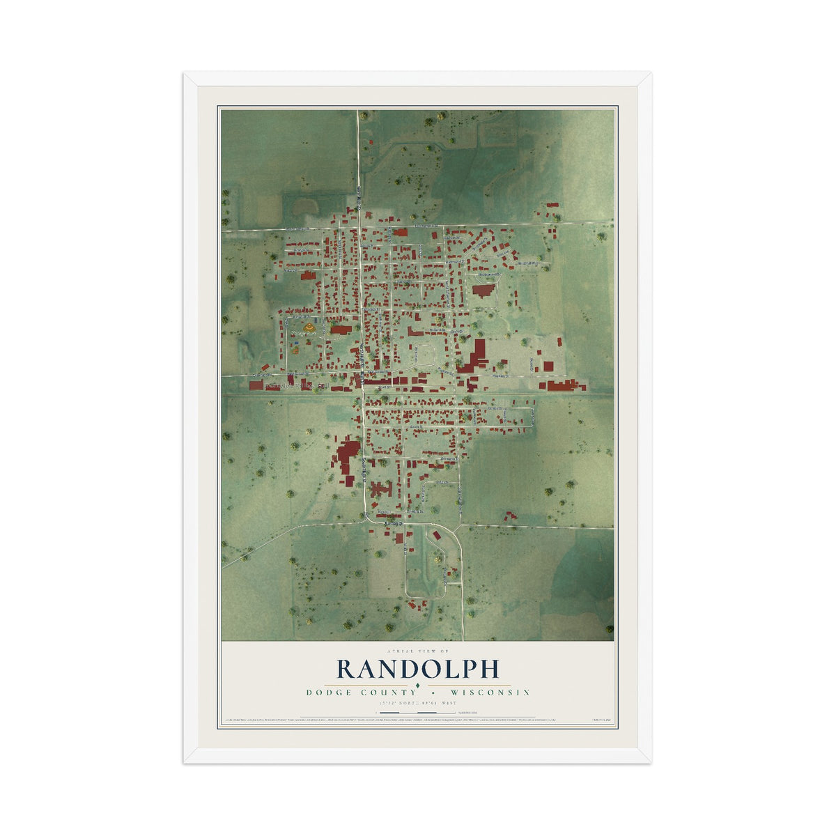 Map of Randolph, Dodge County, Wisconsin, 12 x 18 inch print in a white wood frame