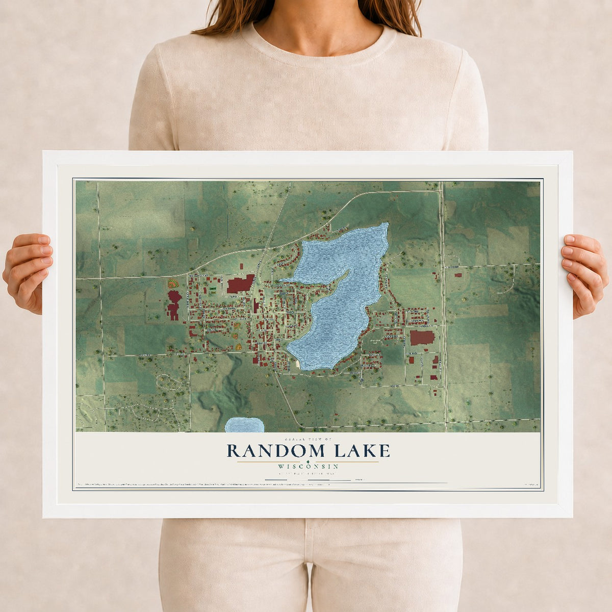 Map of Random Lake, Wisconsin, 12 x 18 inch print in a white wood frame