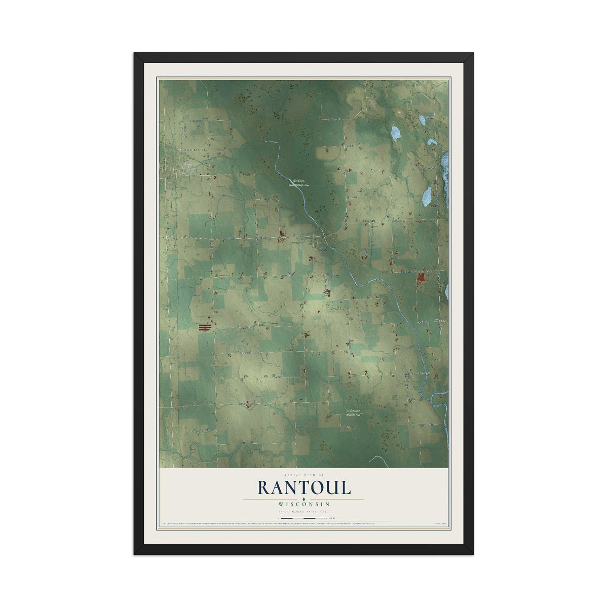 Map of Rantoul, Wisconsin, 12 x 18 inch print in a black wood frame