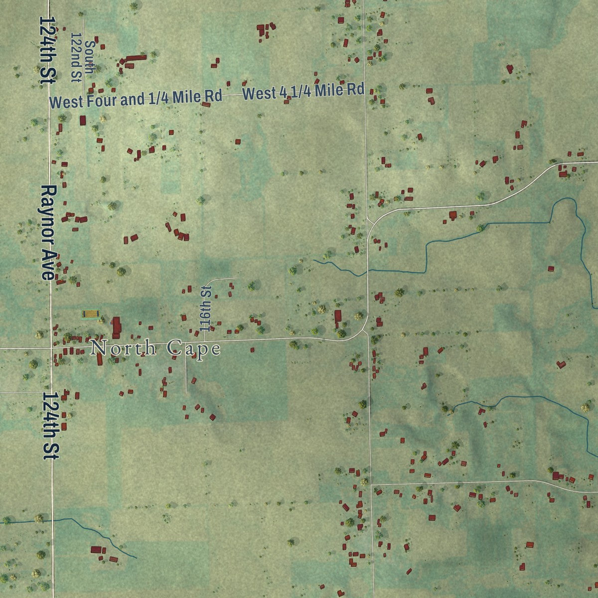 Second close-up of the map of Raymond, Wisconsin print showing more streets and buildings