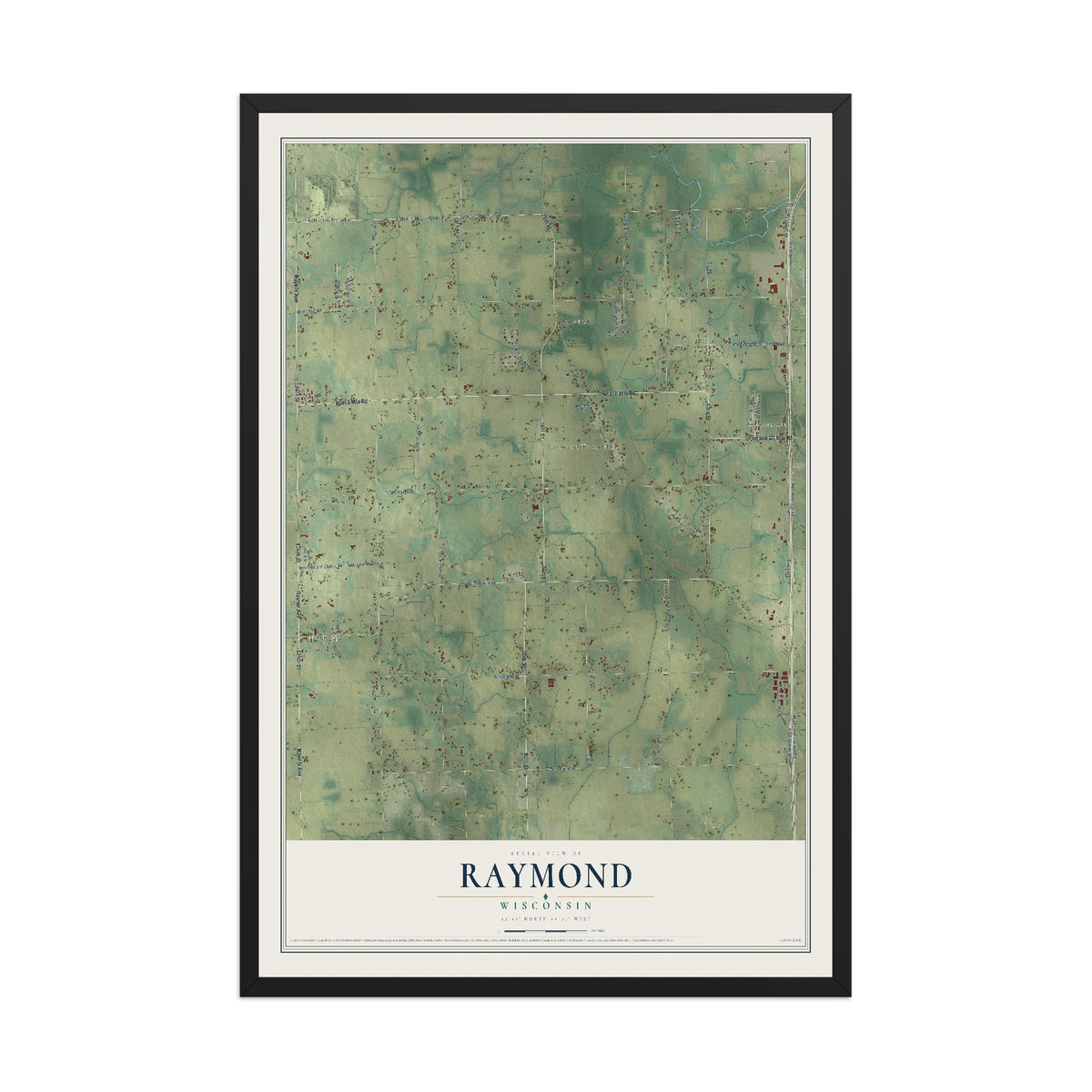 Map of Raymond, Wisconsin, 12 x 18 inch print in a black wood frame