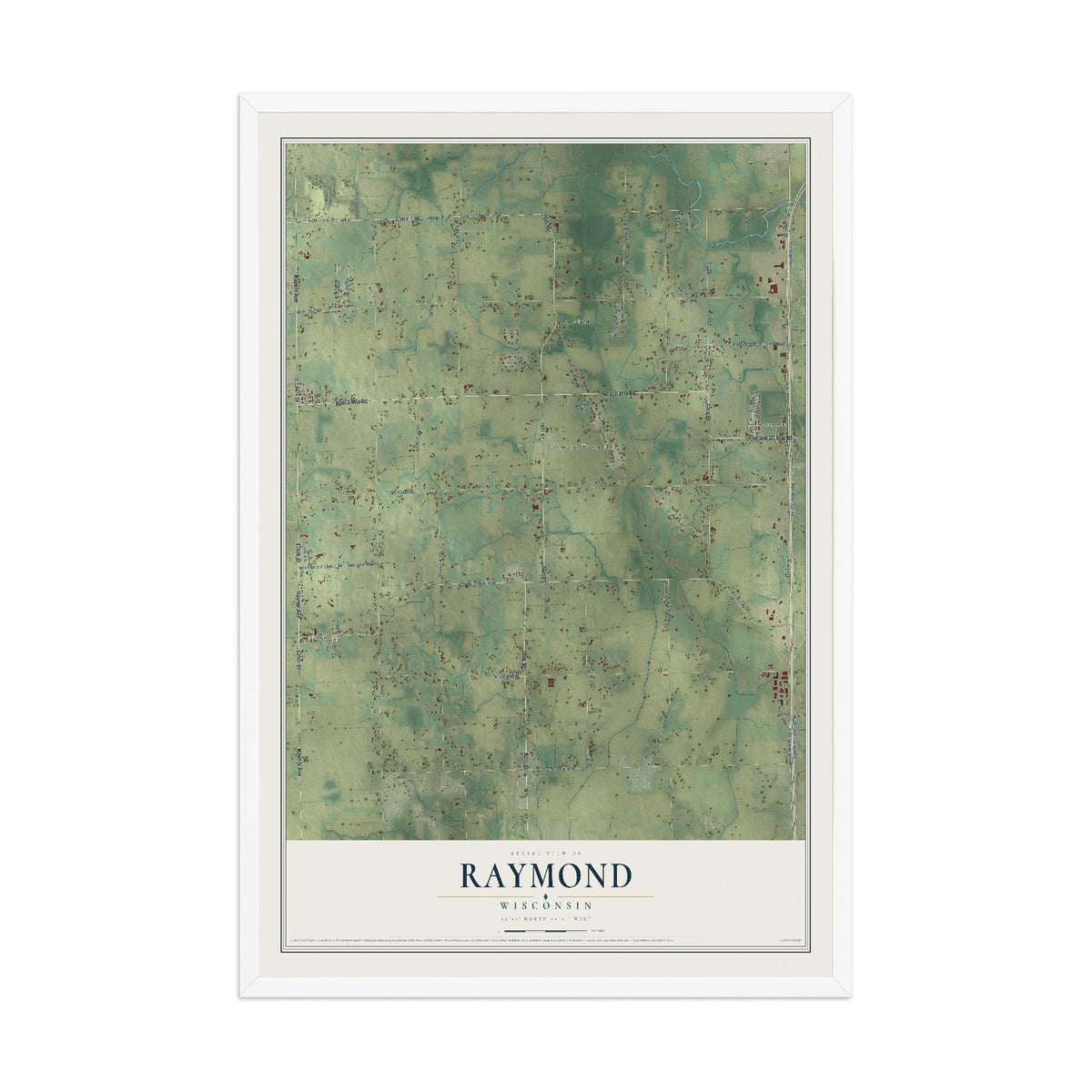 Map of Raymond, Wisconsin, 12 x 18 inch print in a white wood frame