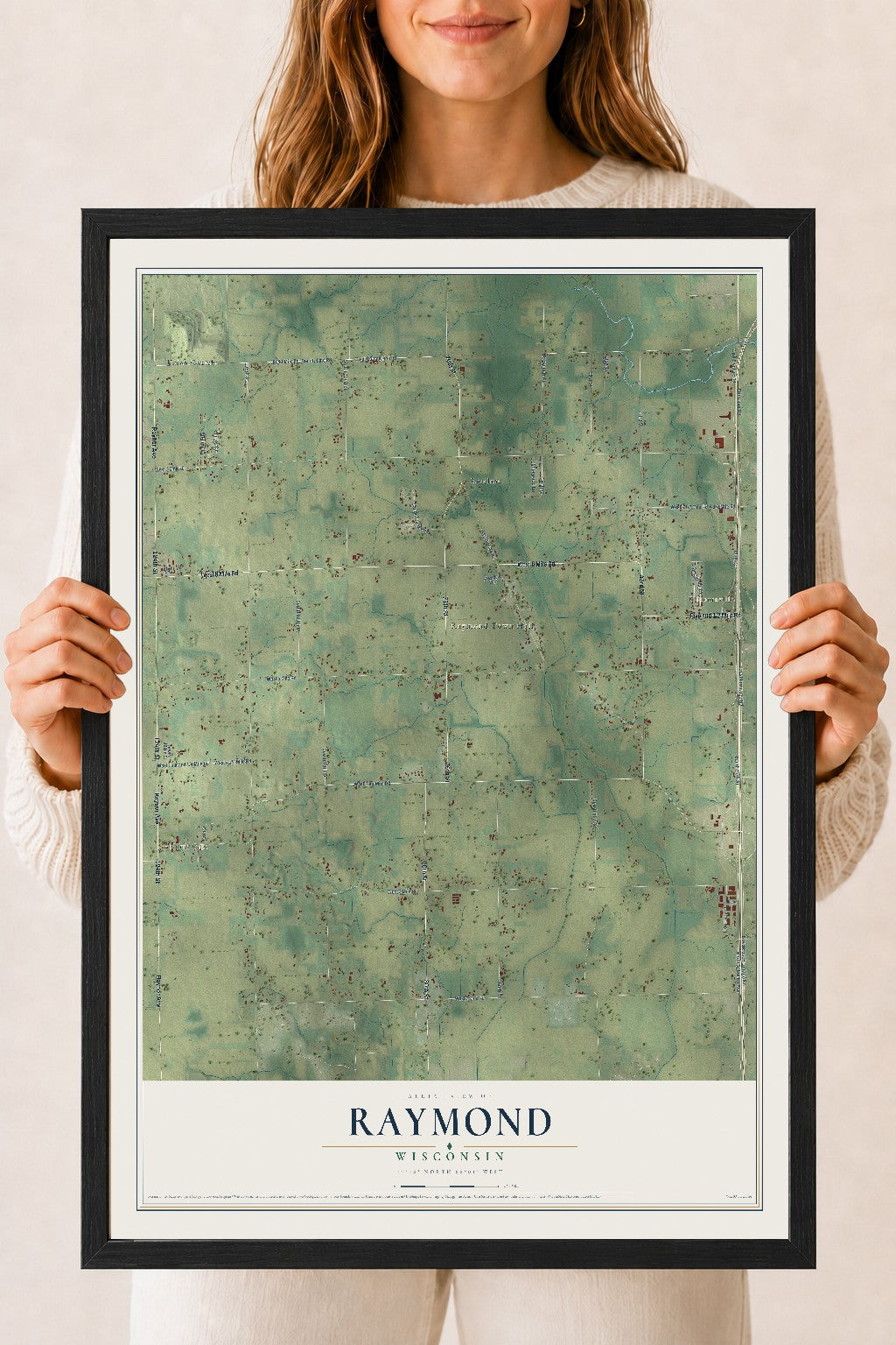 Map of Raymond, Wisconsin, 18 x 24 inch print in a black wood frame