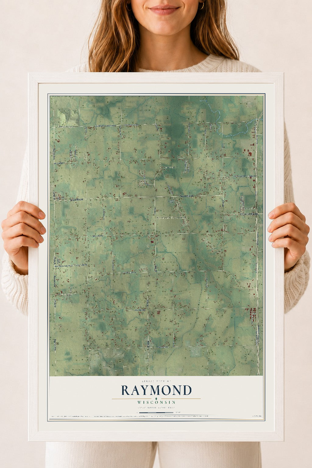 Map of Raymond, Wisconsin, 18 x 24 inch print in a white wood frame