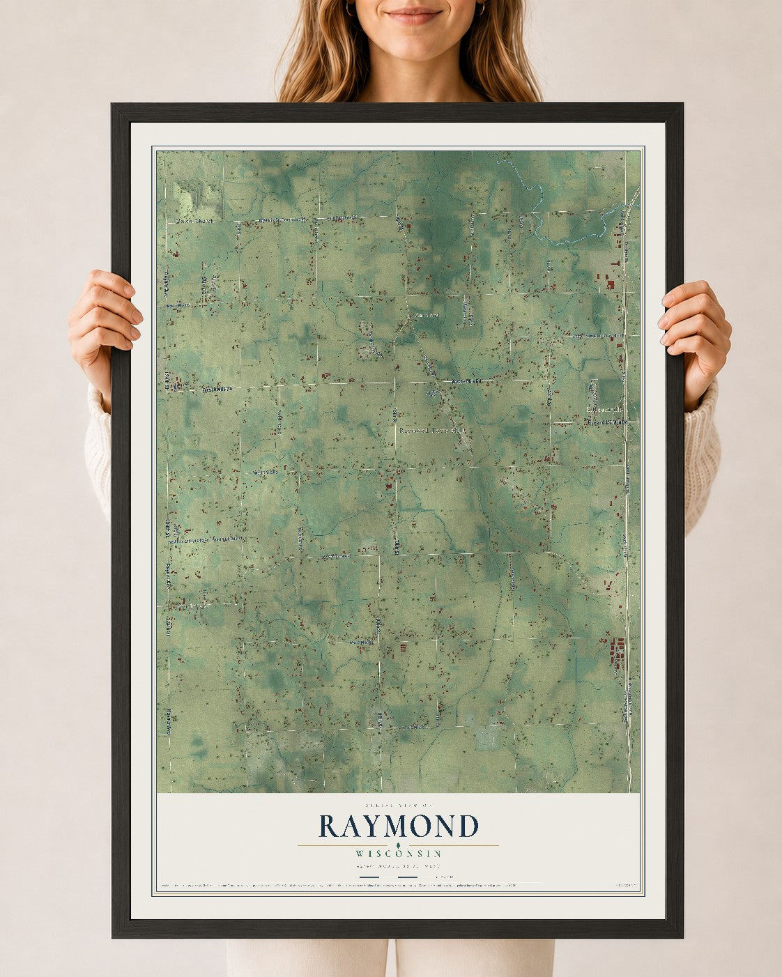 Map of Raymond, Wisconsin, 24 x 36 inch print in a black wood frame
