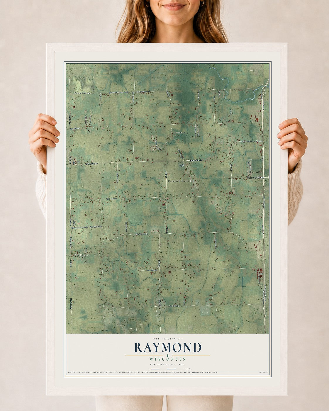 Map of Raymond, Wisconsin, 24 x 36 inch print in a white wood frame
