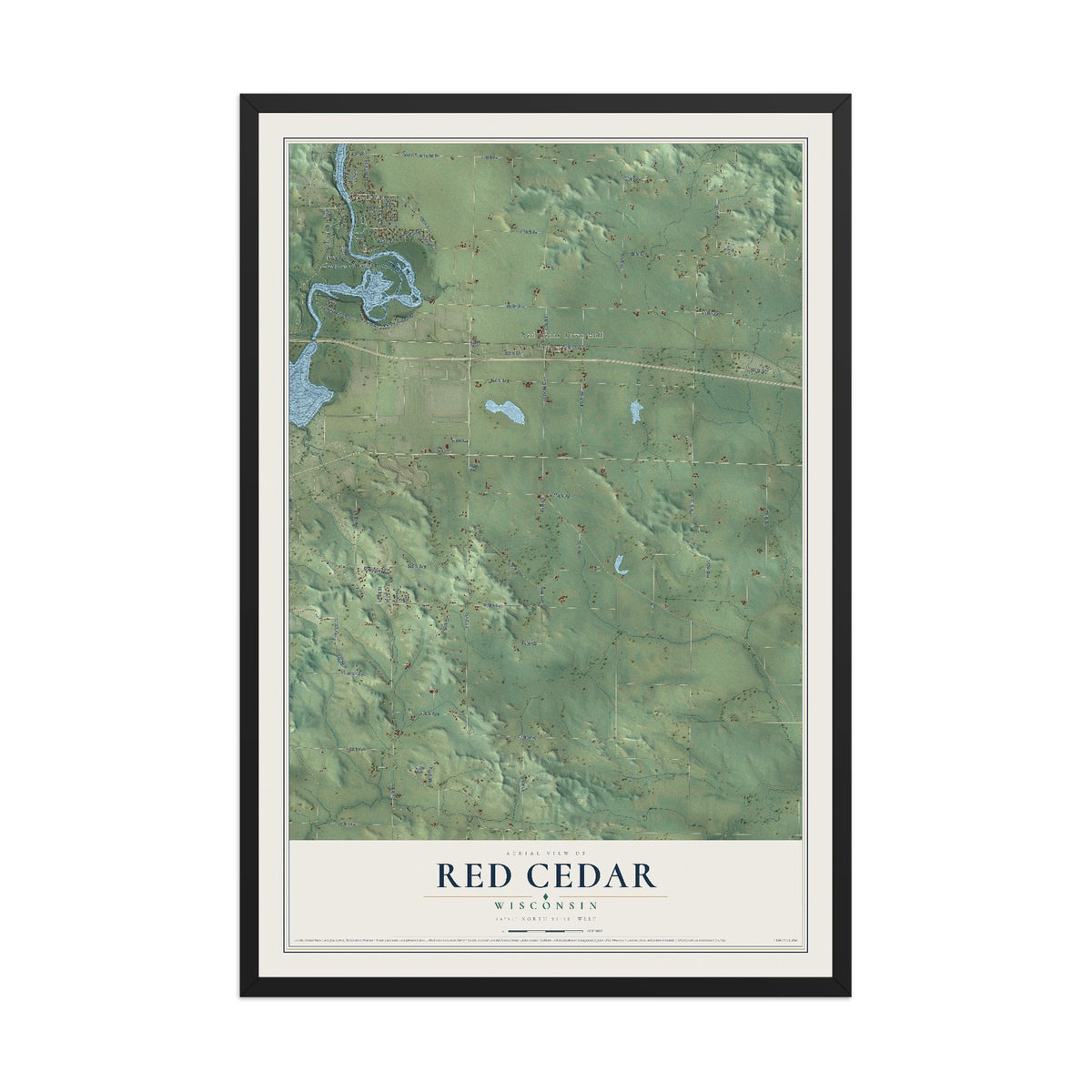Map of Red Cedar, Wisconsin, 12 x 18 inch print in a black wood frame