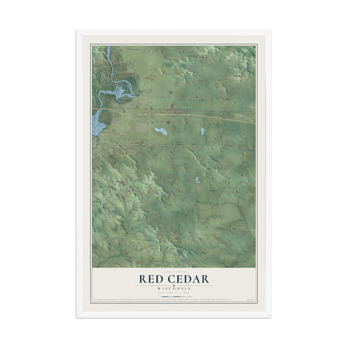 Map of Red Cedar, Wisconsin, 12 x 18 inch print in a white wood frame