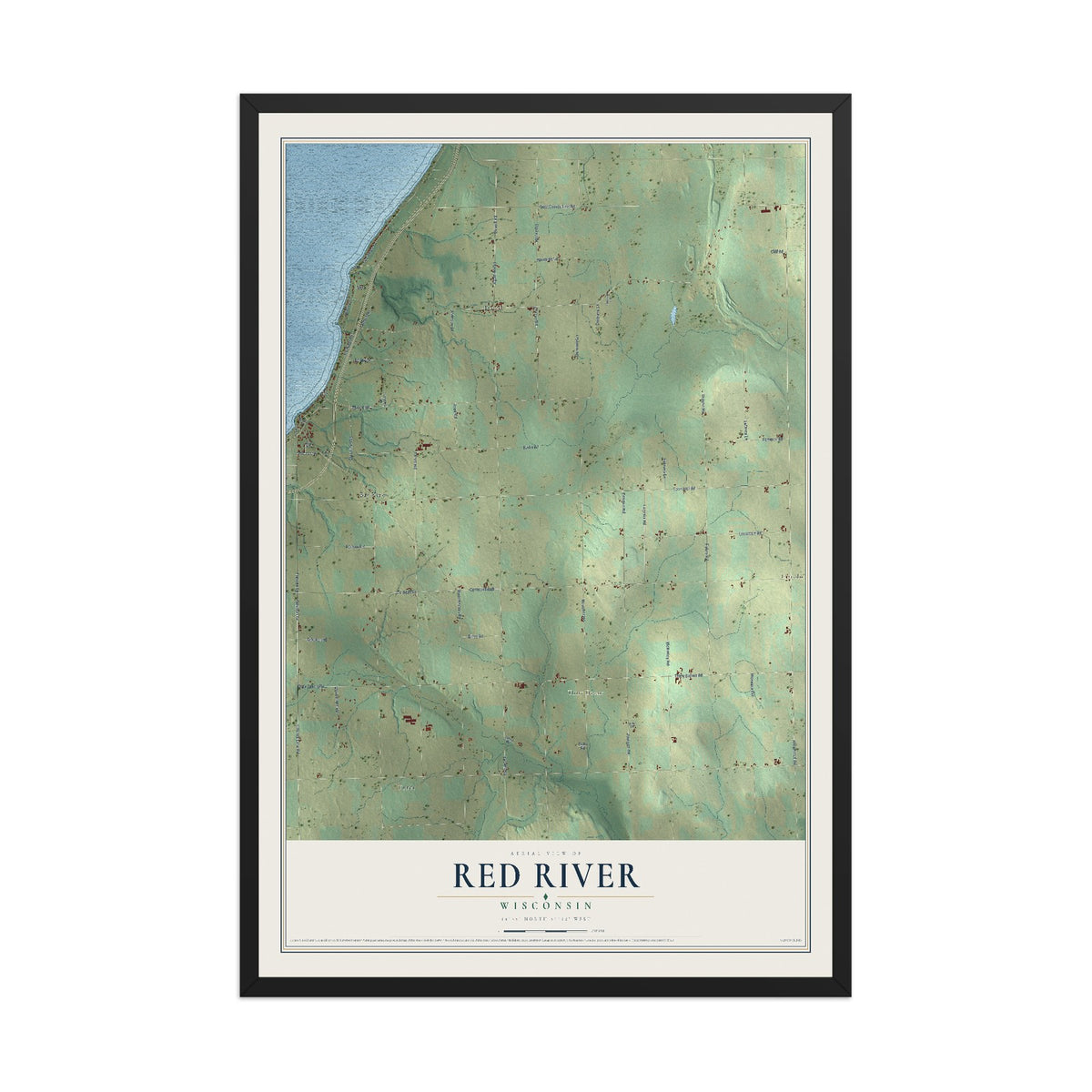 Map of Red River, Wisconsin, 12 x 18 inch print in a black wood frame