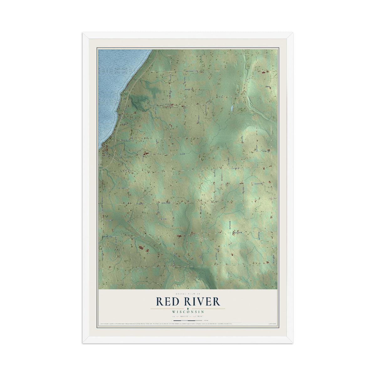 Map of Red River, Wisconsin, 12 x 18 inch print in a white wood frame