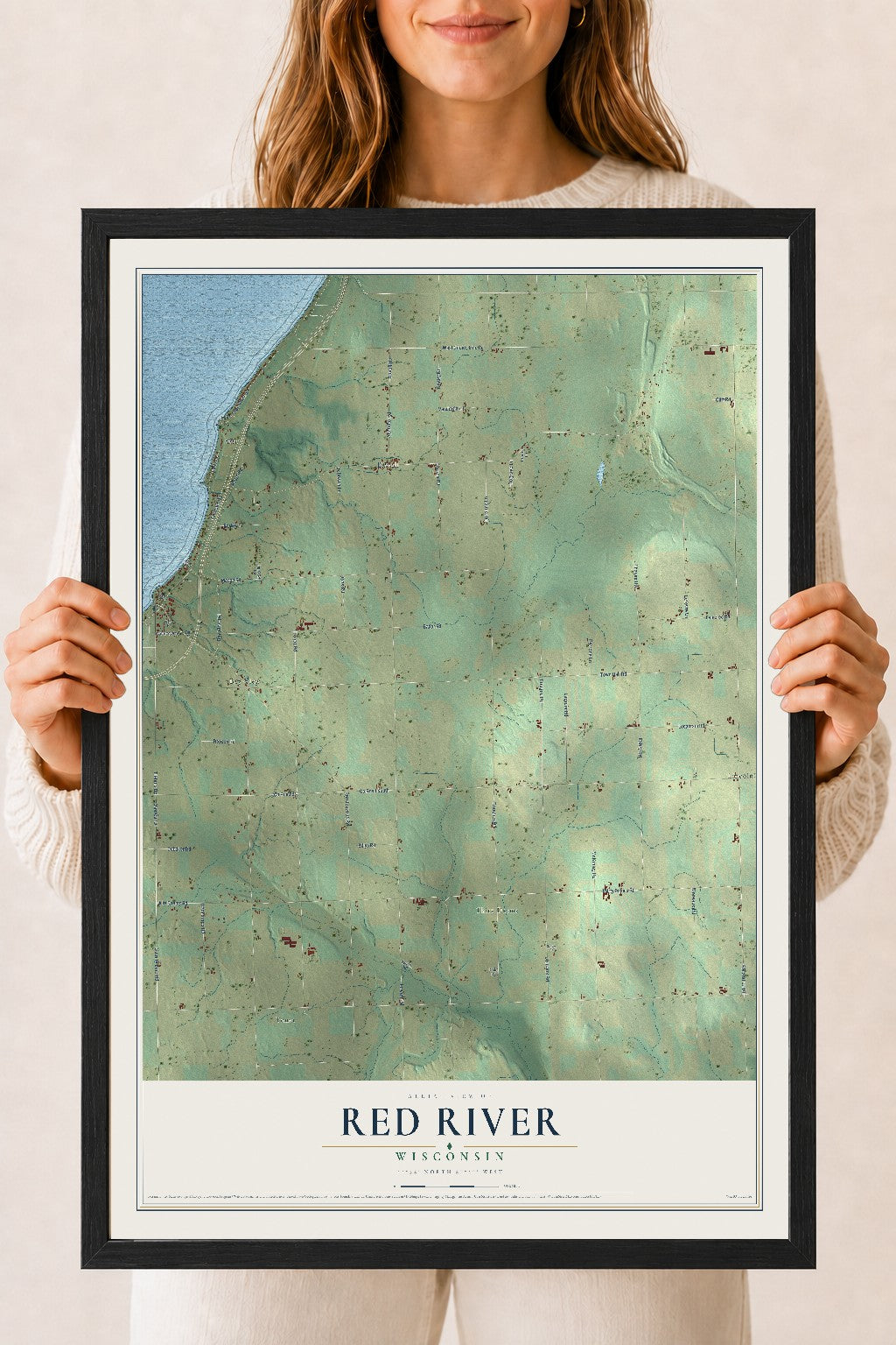 Map of Red River, Wisconsin, 18 x 24 inch print in a black wood frame