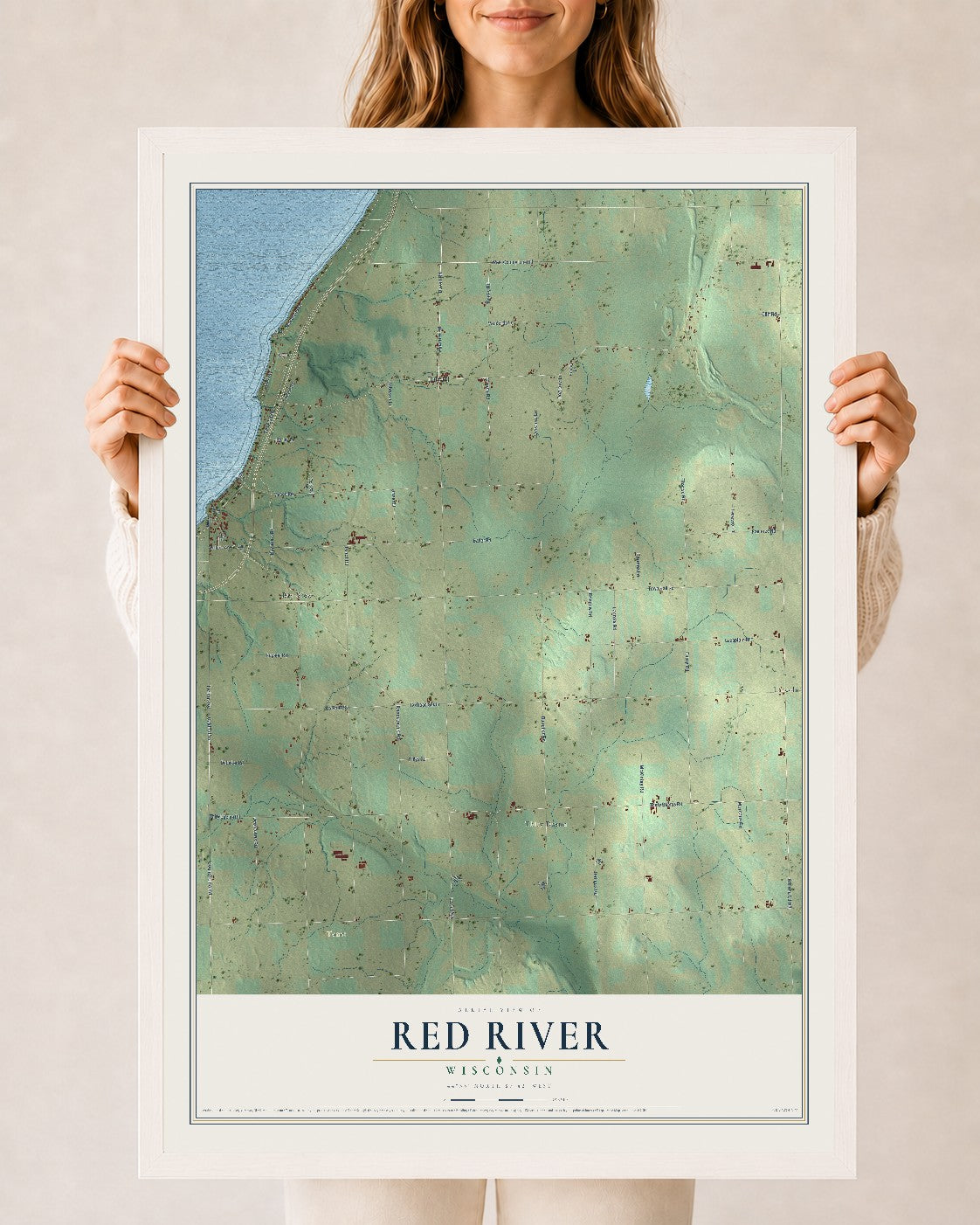 Map of Red River, Wisconsin, 24 x 36 inch print in a white wood frame