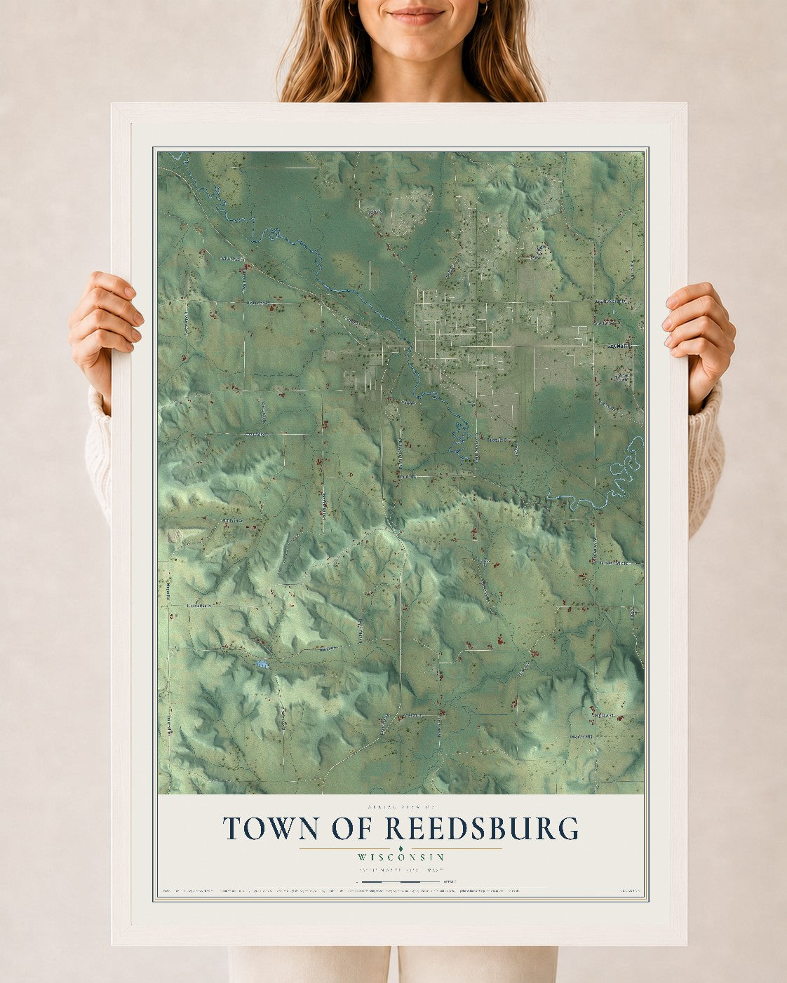 Map of the Town of Reedsburg, Wisconsin, 24 x 36 inch print in a white wood frame