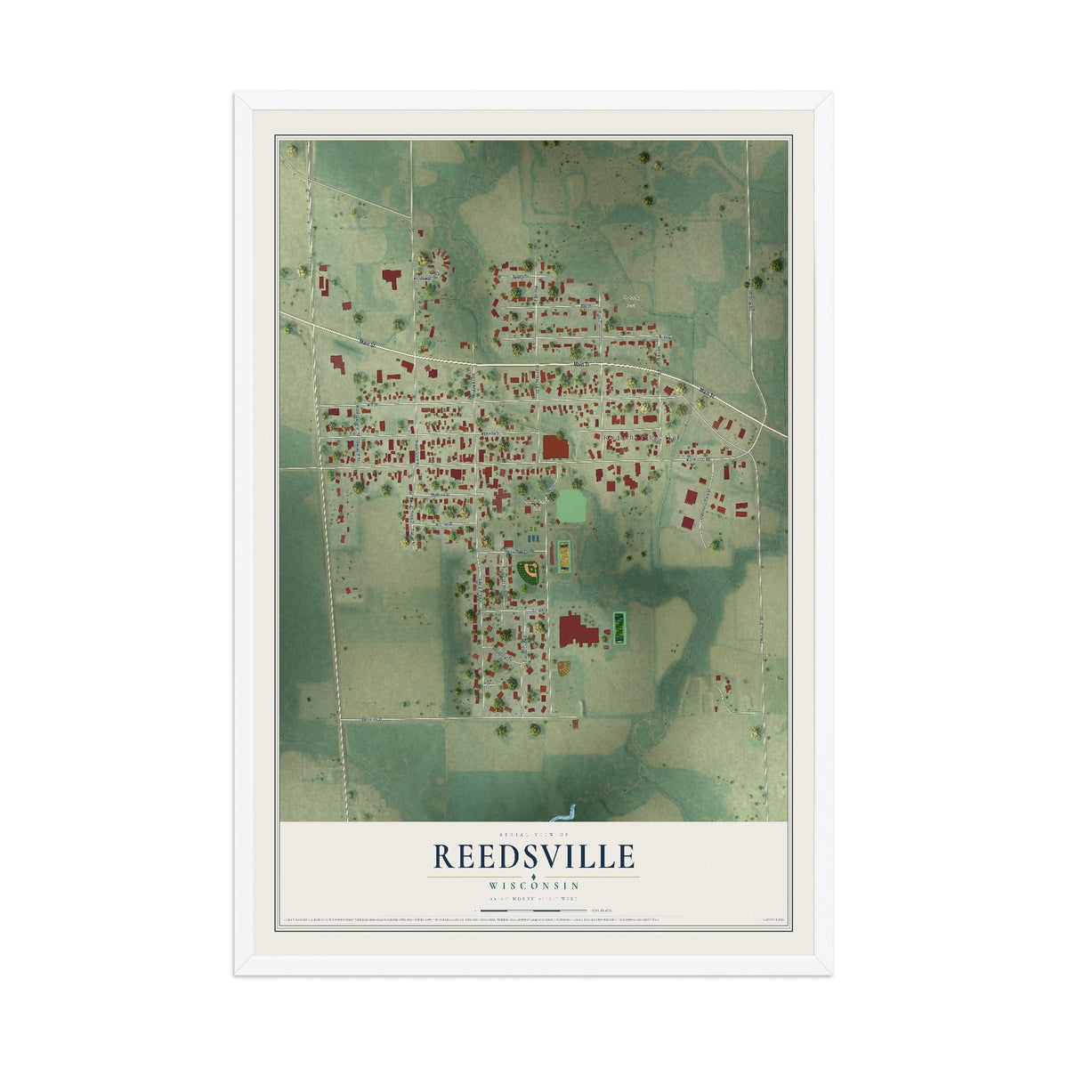 Map of Reedsville, Wisconsin, 12 x 18 inch print in a white wood frame