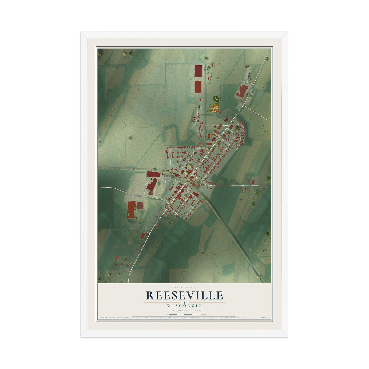Map of Reeseville, Wisconsin, 12 x 18 inch print in a white wood frame