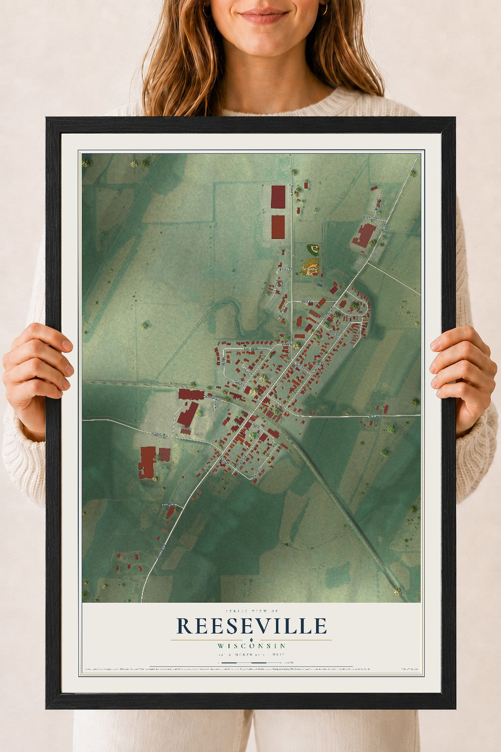 Map of Reeseville, Wisconsin, 18 x 24 inch print in a black wood frame