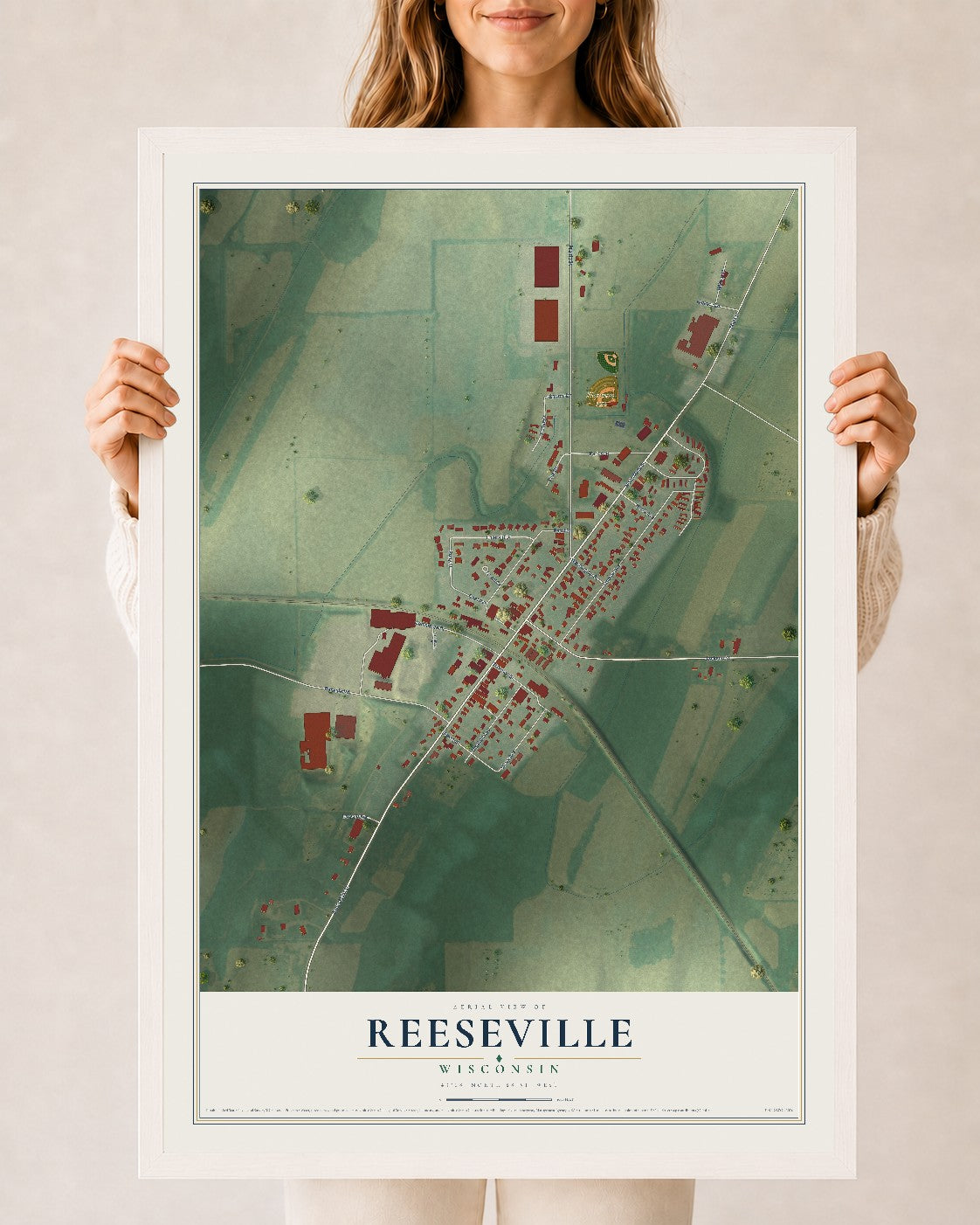Map of Reeseville, Wisconsin, 24 x 36 inch print in a white wood frame
