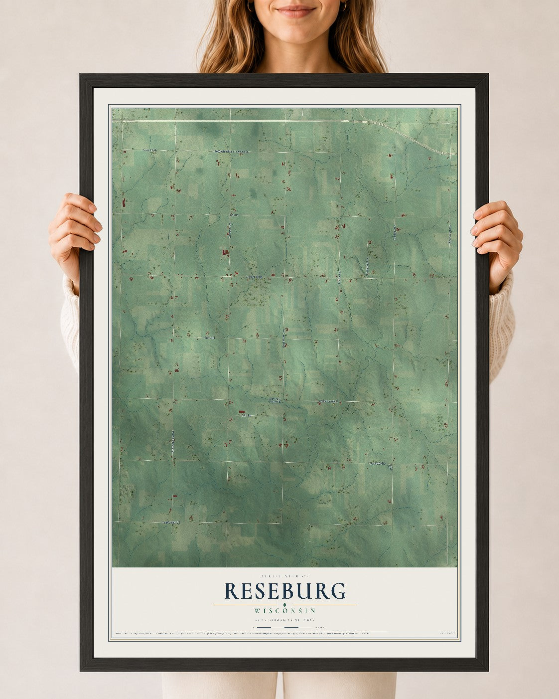 Map of Reseburg, Wisconsin, 24 x 36 inch print in a black wood frame