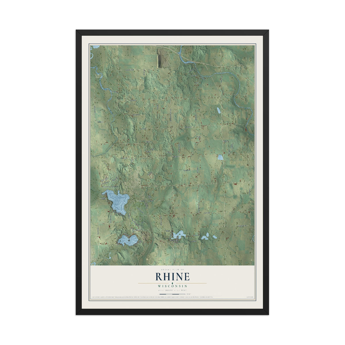 Map of Rhine, Wisconsin, 12 x 18 inch print in a black wood frame