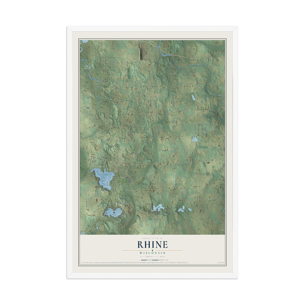 Map of Rhine, Wisconsin, 12 x 18 inch print in a white wood frame