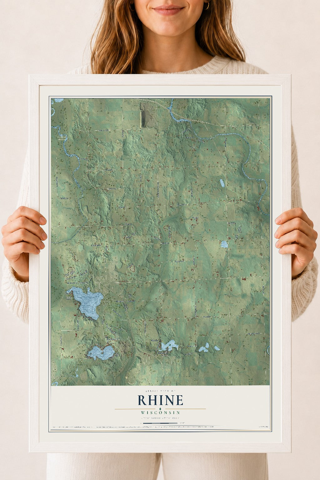 Map of Rhine, Wisconsin, 18 x 24 inch print in a white wood frame
