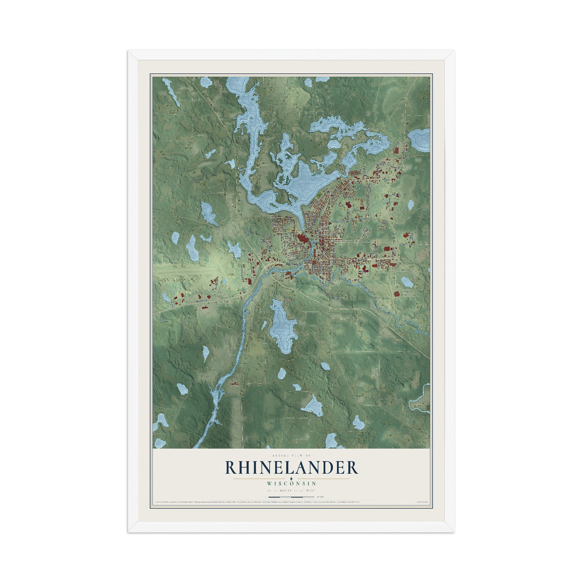 Map of Rhinelander, Wisconsin, 12 x 18 inch print in a white wood frame
