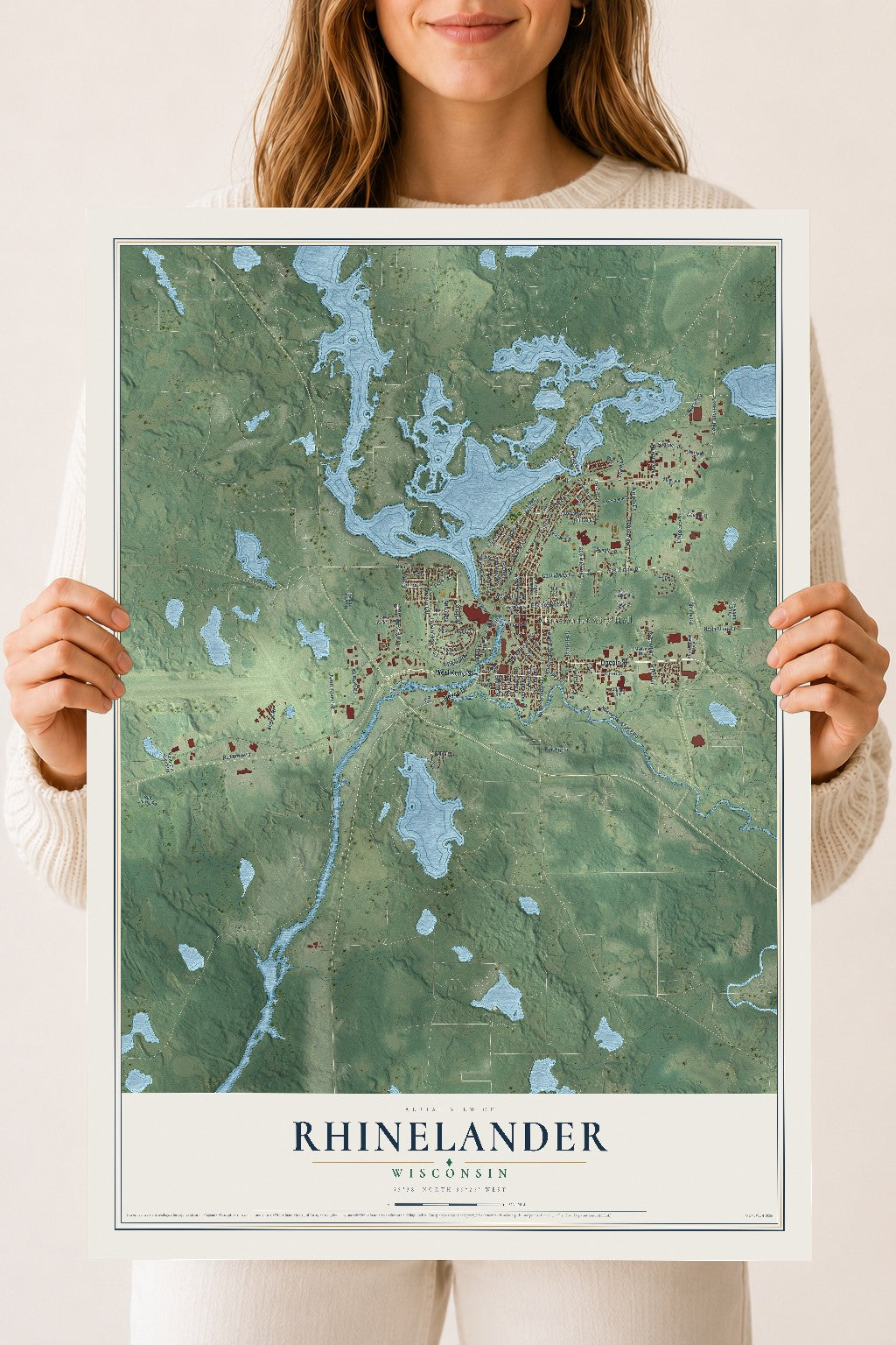 Map of Rhinelander, Wisconsin, 18 x 24 inch unframed archival matte print