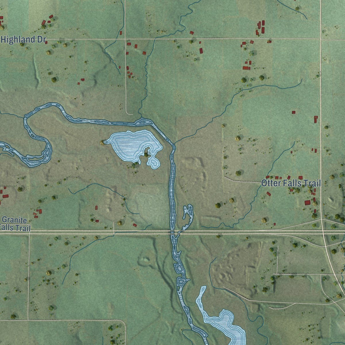 Close-up of the map of Rib Falls, Wisconsin print showing street and building detail