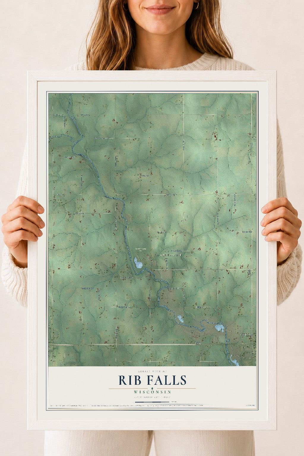Map of Rib Falls, Wisconsin, 18 x 24 inch print in a white wood frame