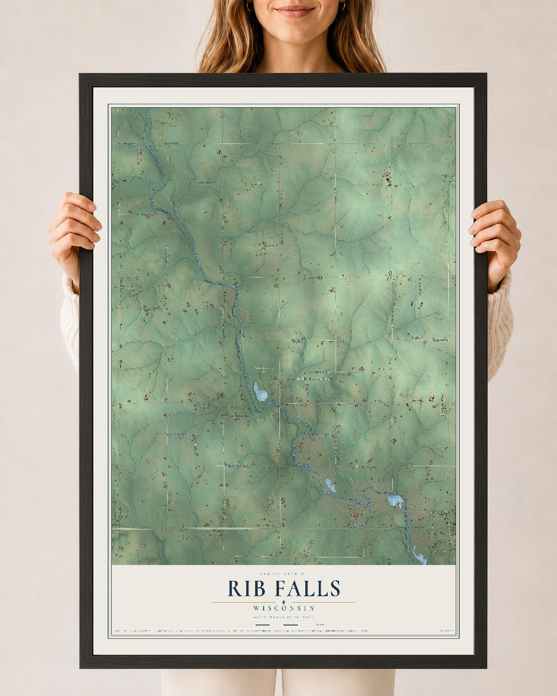 Map of Rib Falls, Wisconsin, 24 x 36 inch print in a black wood frame