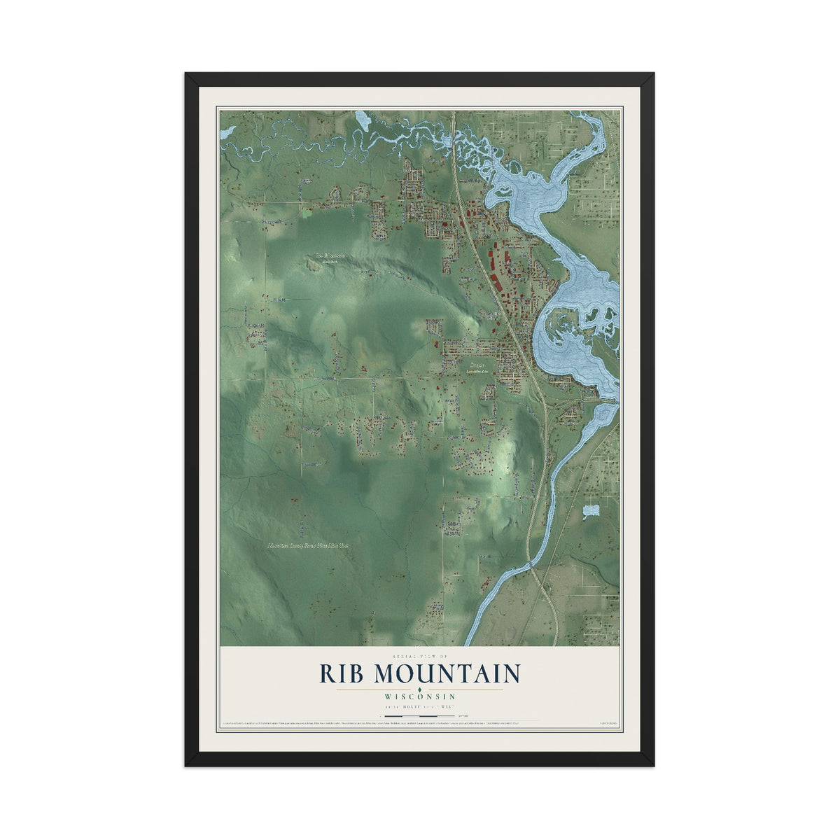 Map of Rib Mountain, Wisconsin, 12 x 18 inch print in a black wood frame