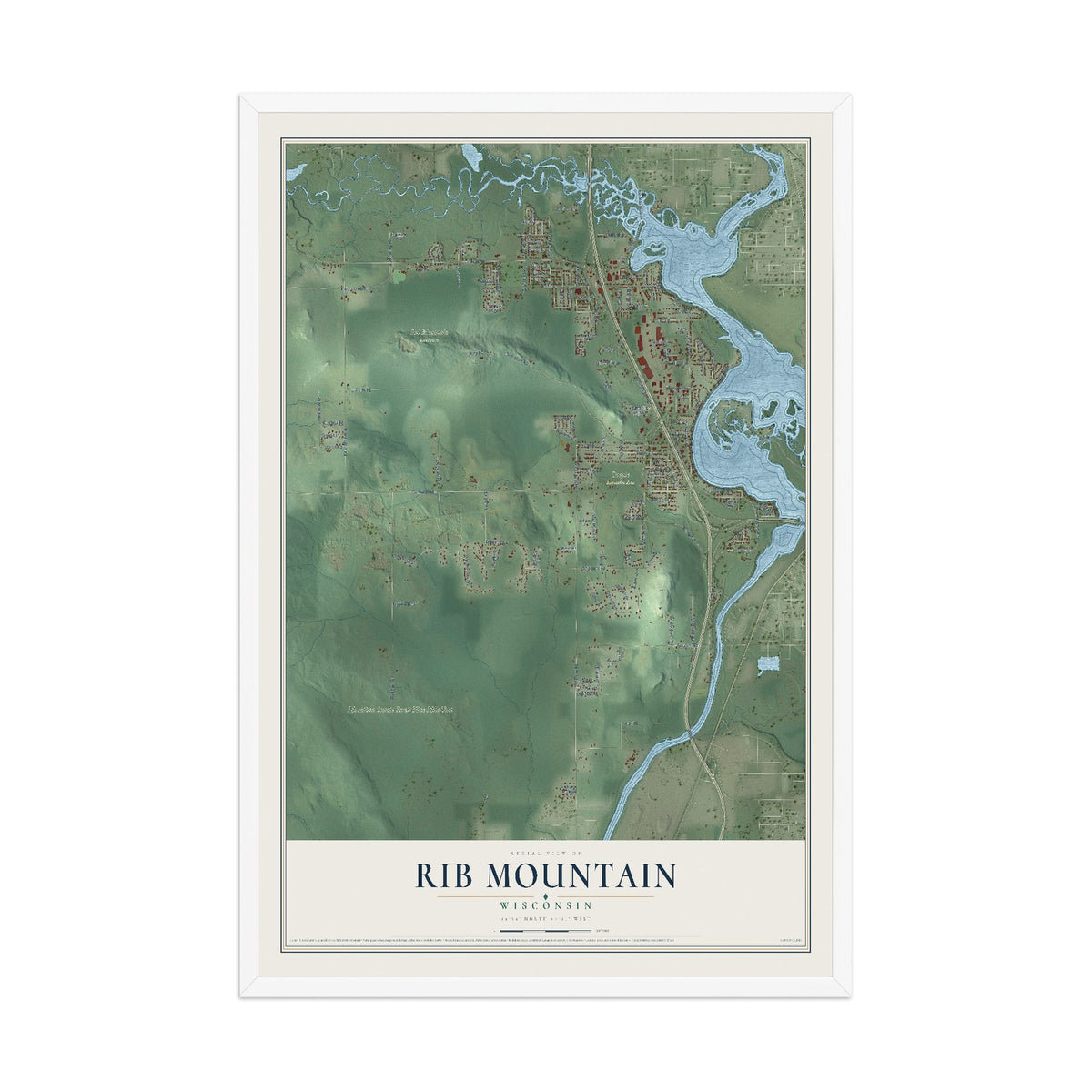 Map of Rib Mountain, Wisconsin, 12 x 18 inch print in a white wood frame