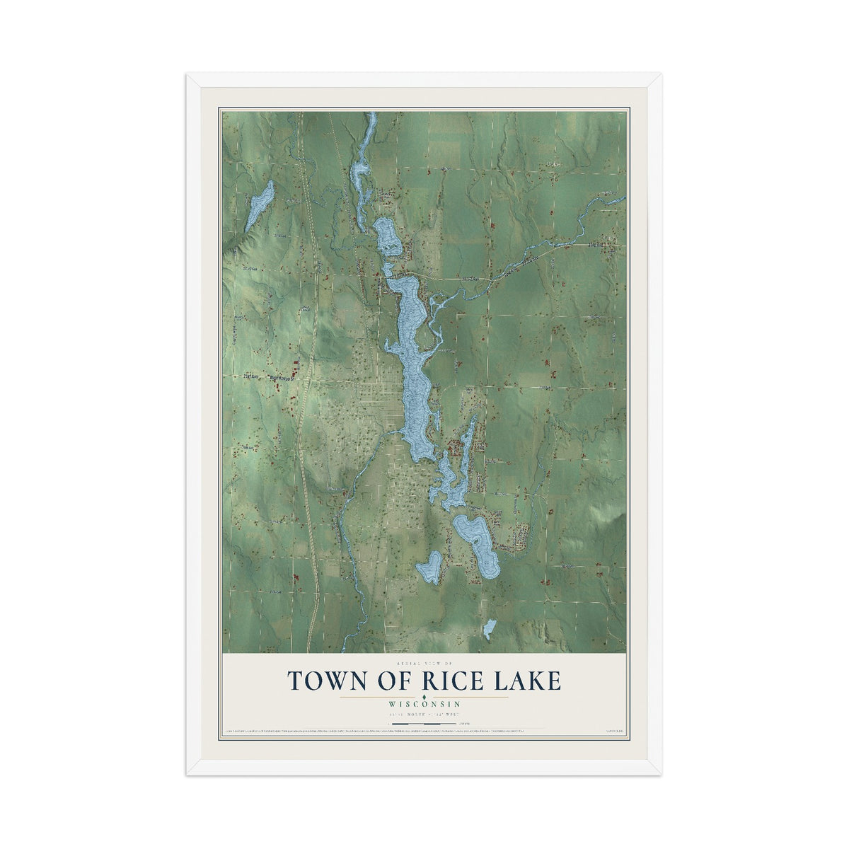 Map of the Town of Rice Lake, Wisconsin, 12 x 18 inch print in a white wood frame