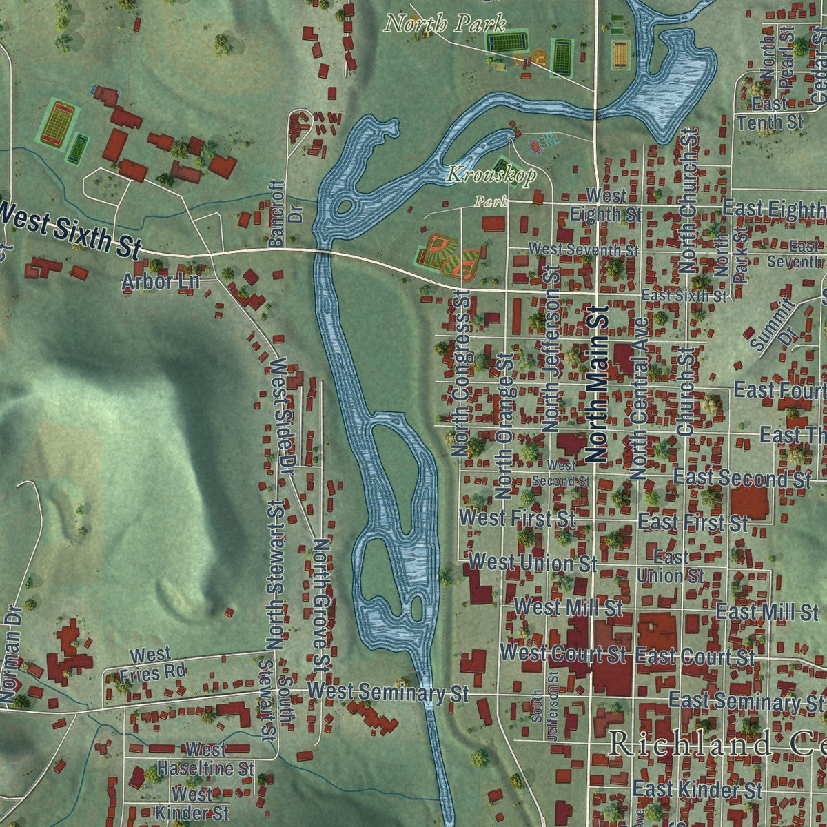 Close-up of the map of Richland Center, Wisconsin print showing street and building detail