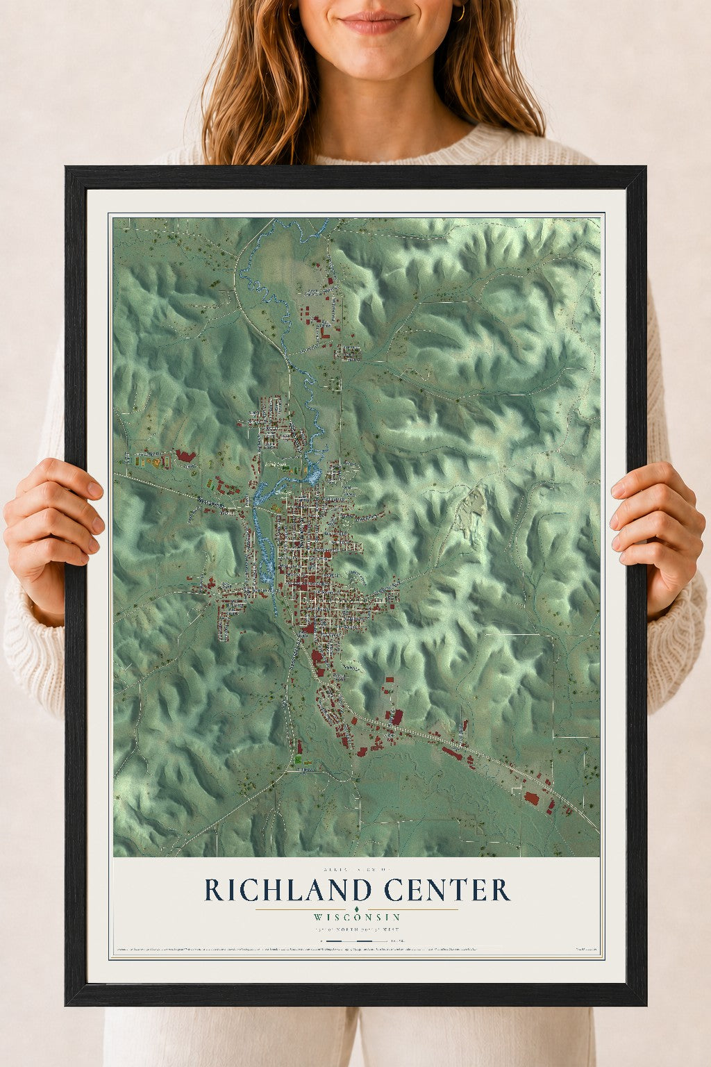 Map of Richland Center, Wisconsin, 18 x 24 inch print in a black wood frame