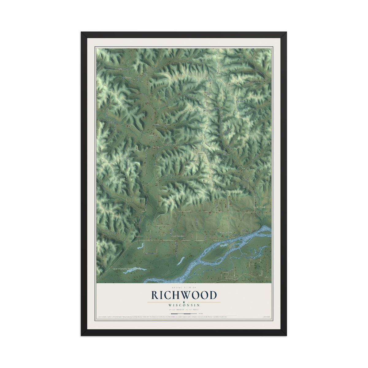 Map of Richwood, Wisconsin, 12 x 18 inch print in a black wood frame
