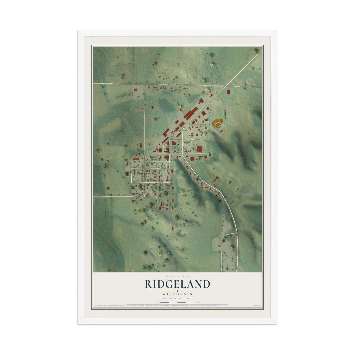 Map of Ridgeland, Wisconsin, 12 x 18 inch print in a white wood frame