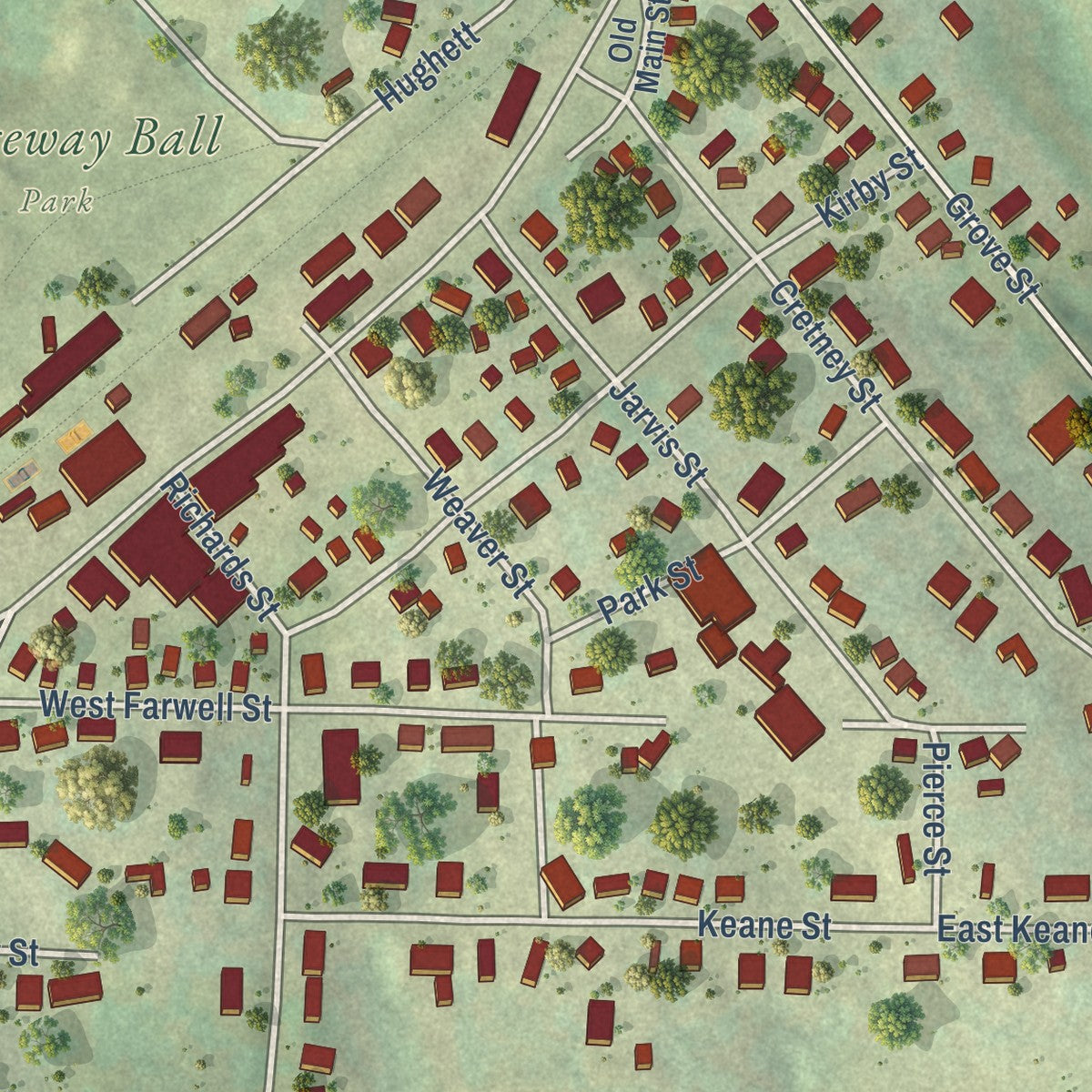 Close-up of the map of Ridgeway, Wisconsin print showing street and building detail