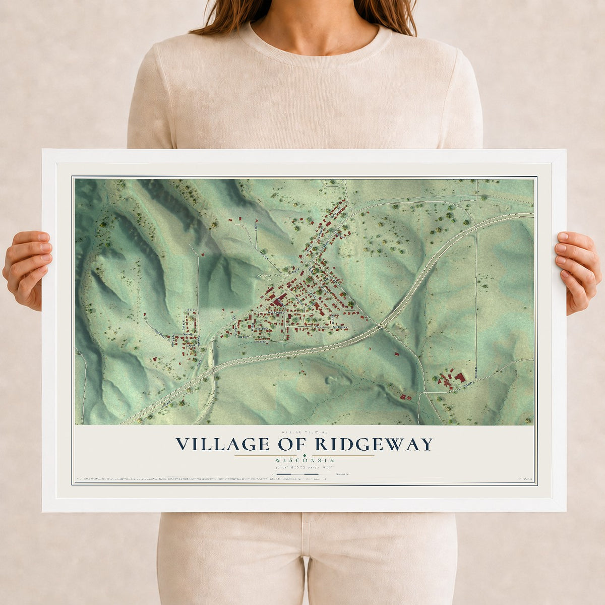 Map of Ridgeway, Wisconsin, 12 x 18 inch print in a white wood frame