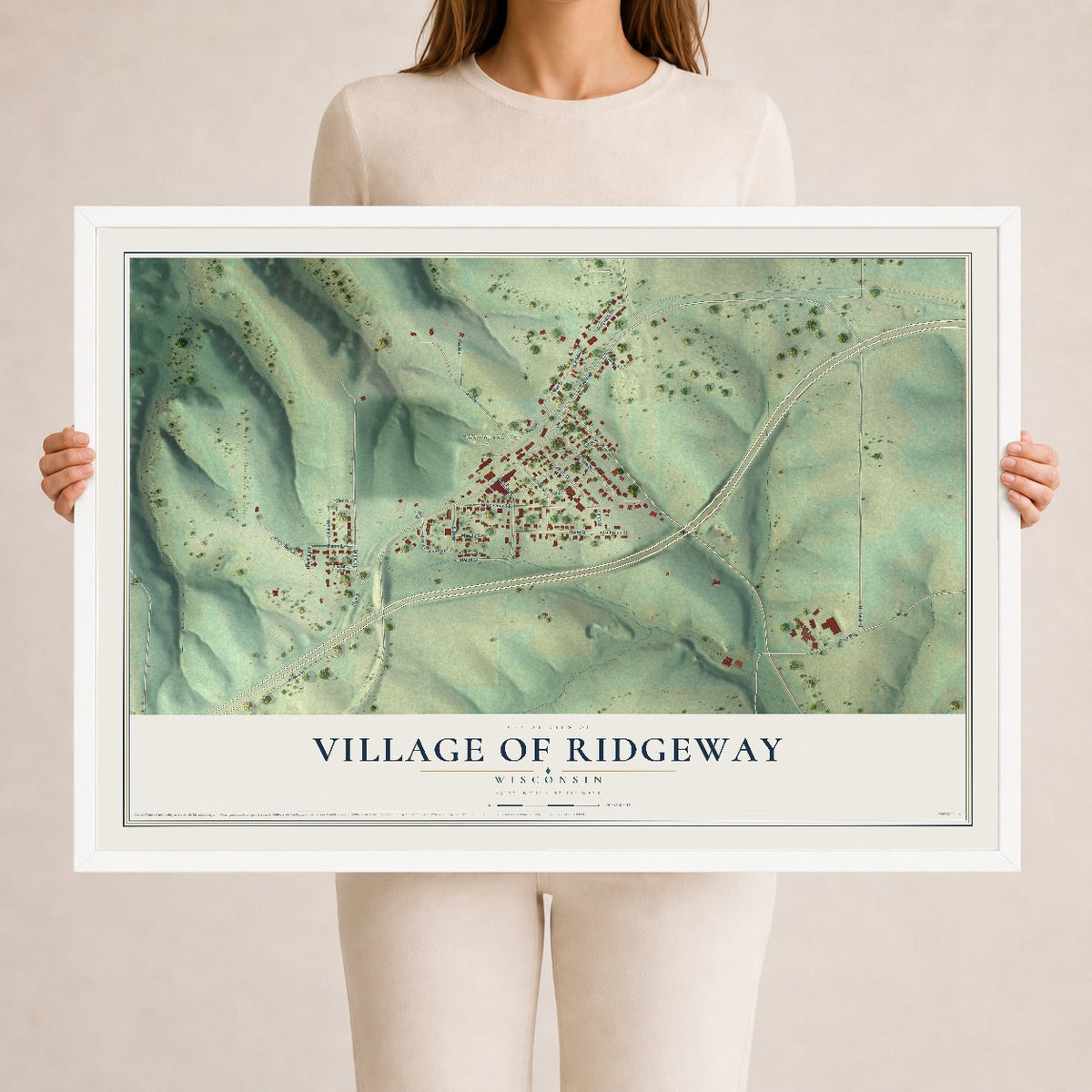 Map of Ridgeway, Wisconsin, 24 x 36 inch print in a white wood frame