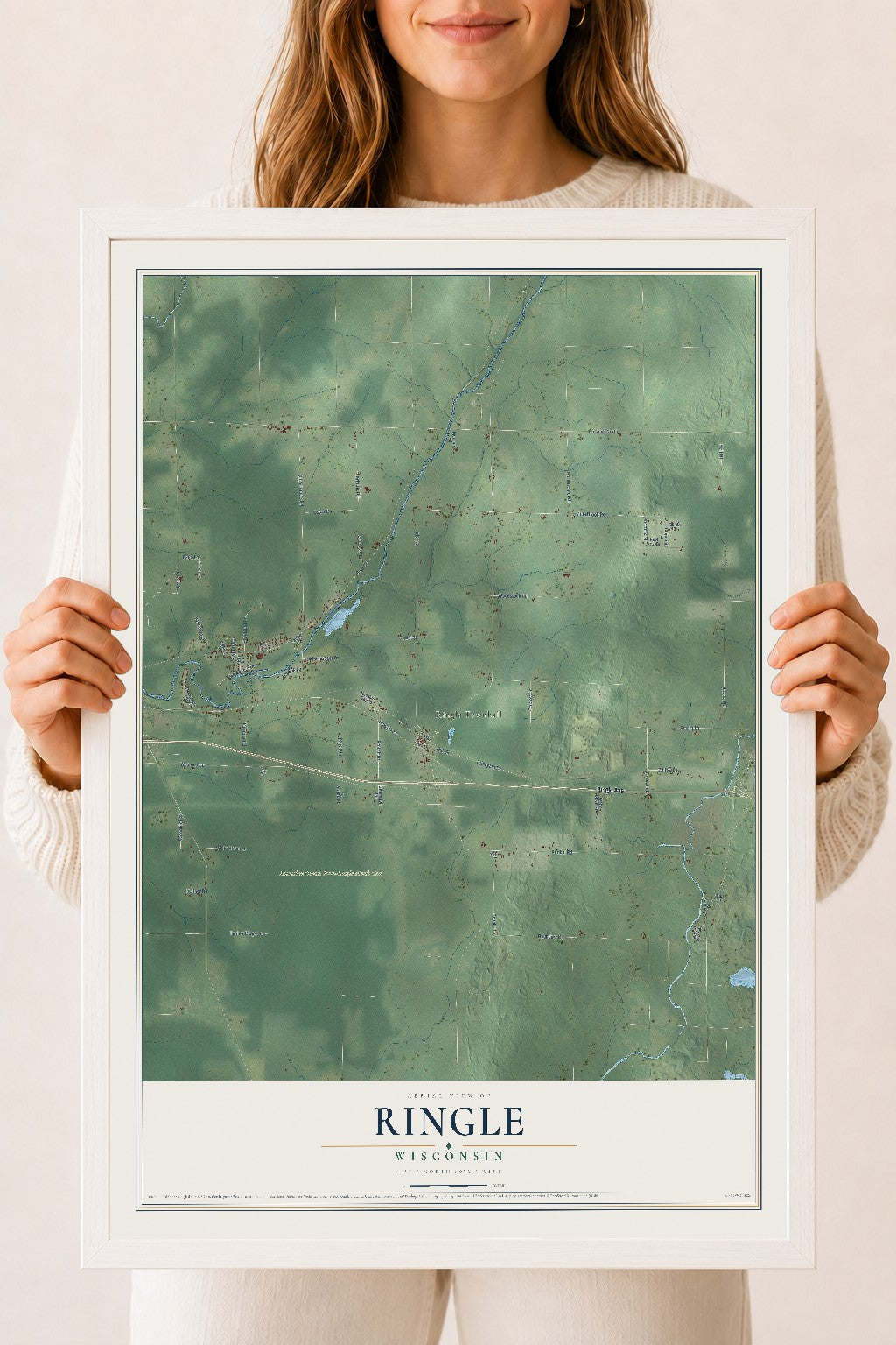 Map of Ringle, Wisconsin, 18 x 24 inch print in a white wood frame
