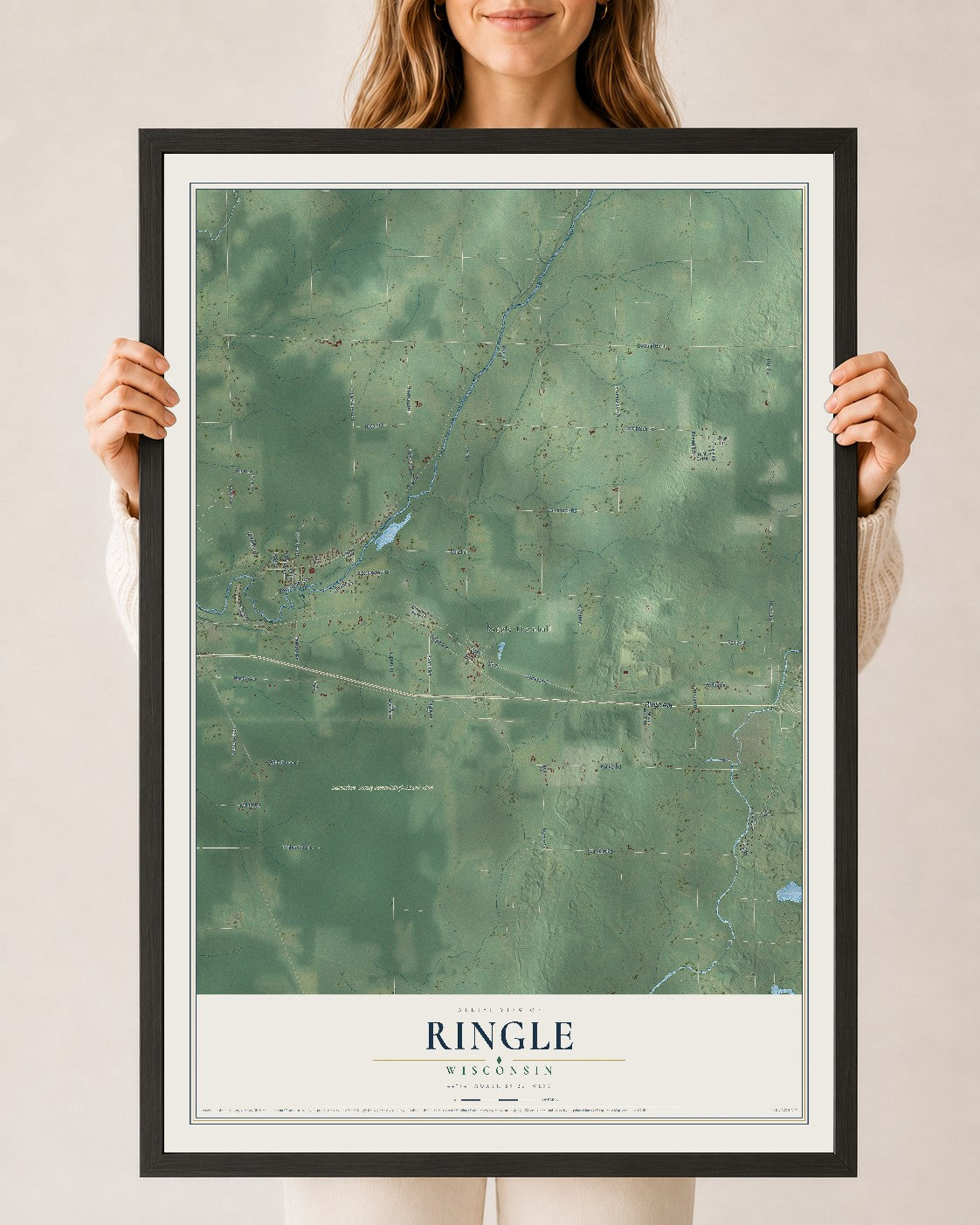 Map of Ringle, Wisconsin, 24 x 36 inch print in a black wood frame