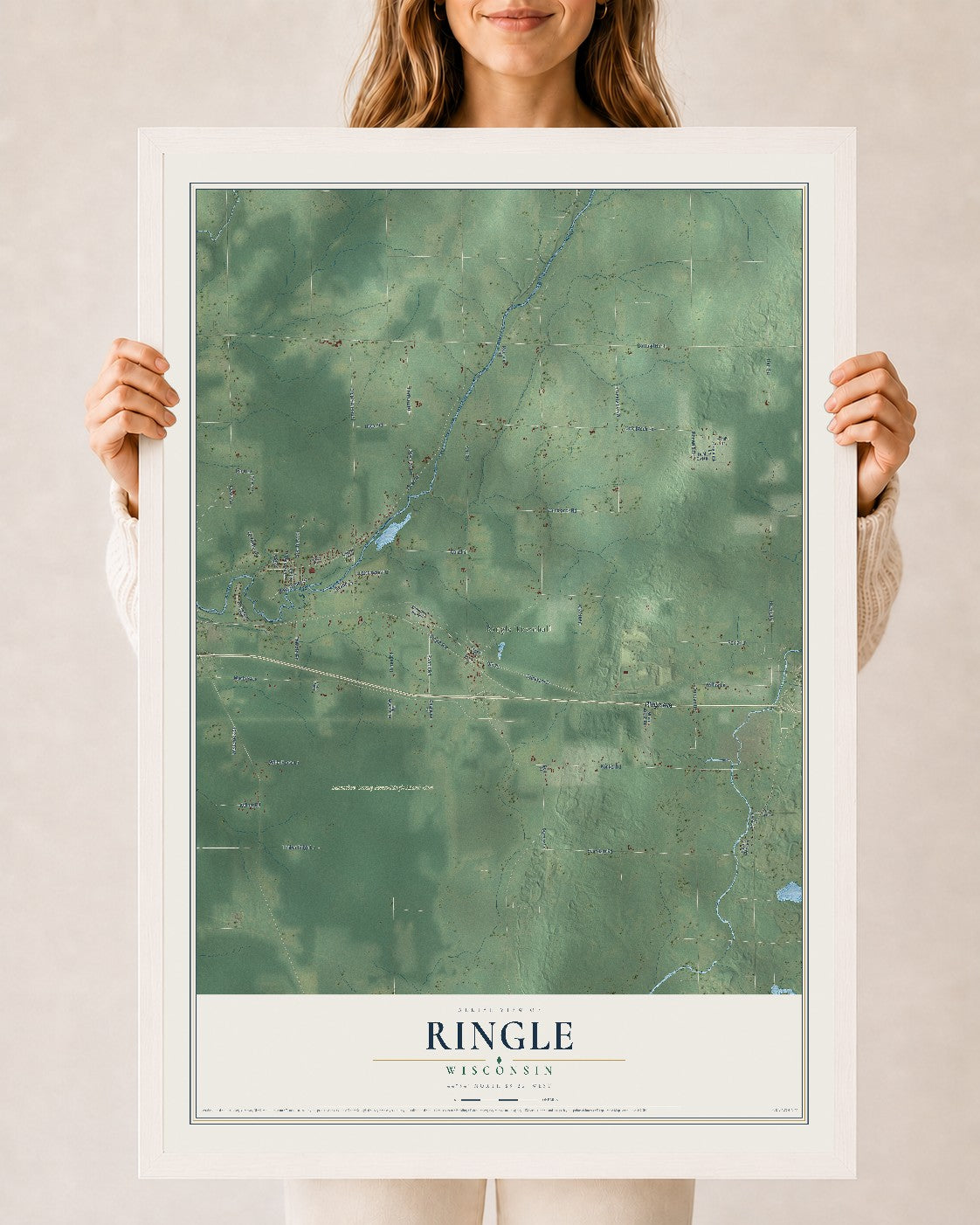 Map of Ringle, Wisconsin, 24 x 36 inch print in a white wood frame