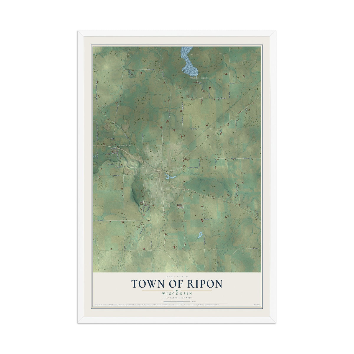 Map of the Town of Ripon, Wisconsin, 12 x 18 inch print in a white wood frame