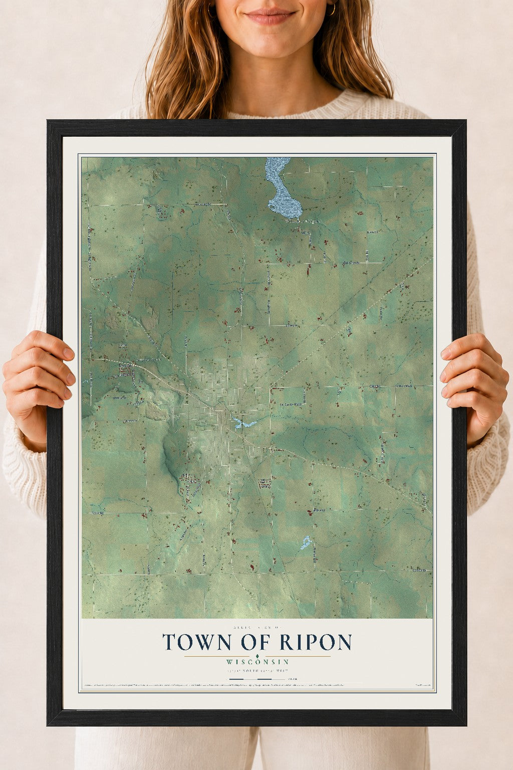 Map of the Town of Ripon, Wisconsin, 18 x 24 inch print in a black wood frame