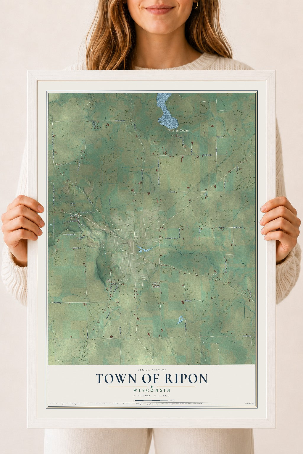Map of the Town of Ripon, Wisconsin, 18 x 24 inch print in a white wood frame