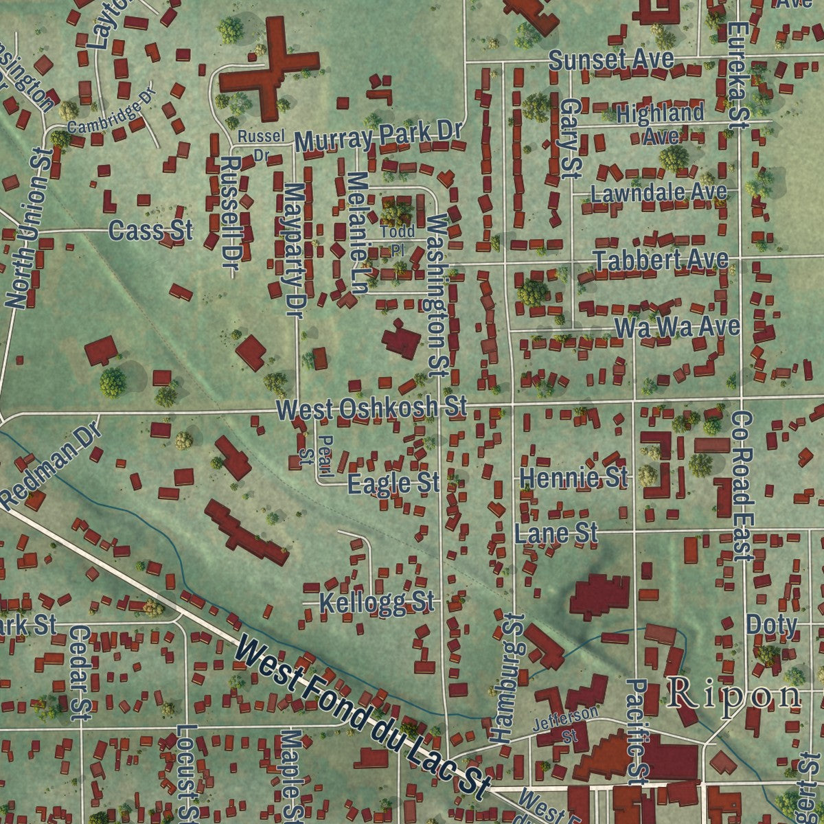 Second close-up of the map of Ripon, Wisconsin print showing more streets and buildings
